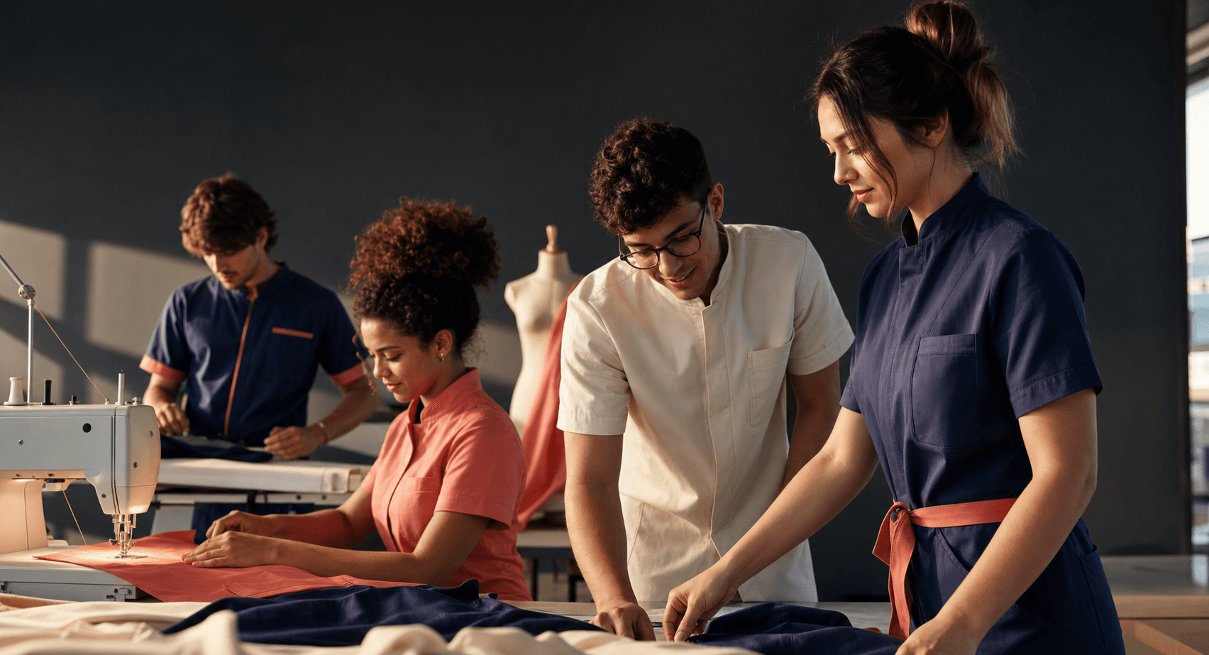 Equipe trabalhando na criação de uniformes